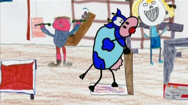 Blue cow and the exercise class
